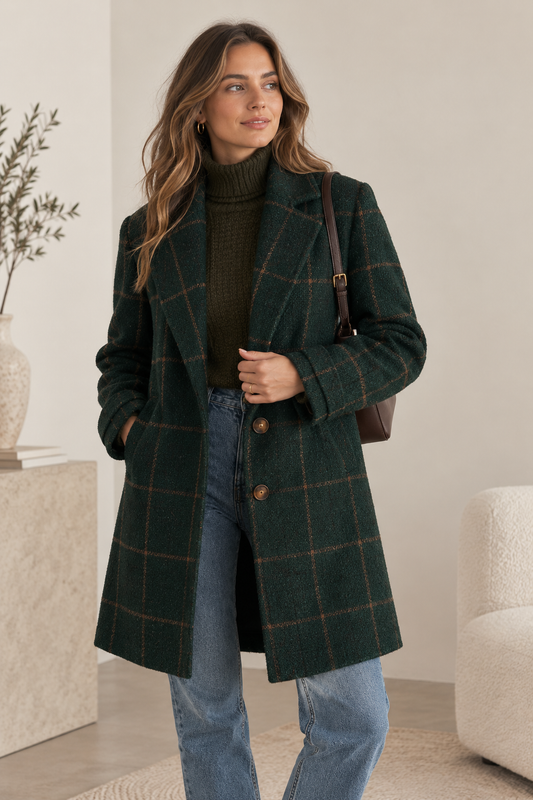 Woman wearing a dark green wool blend check coat with notch lapel