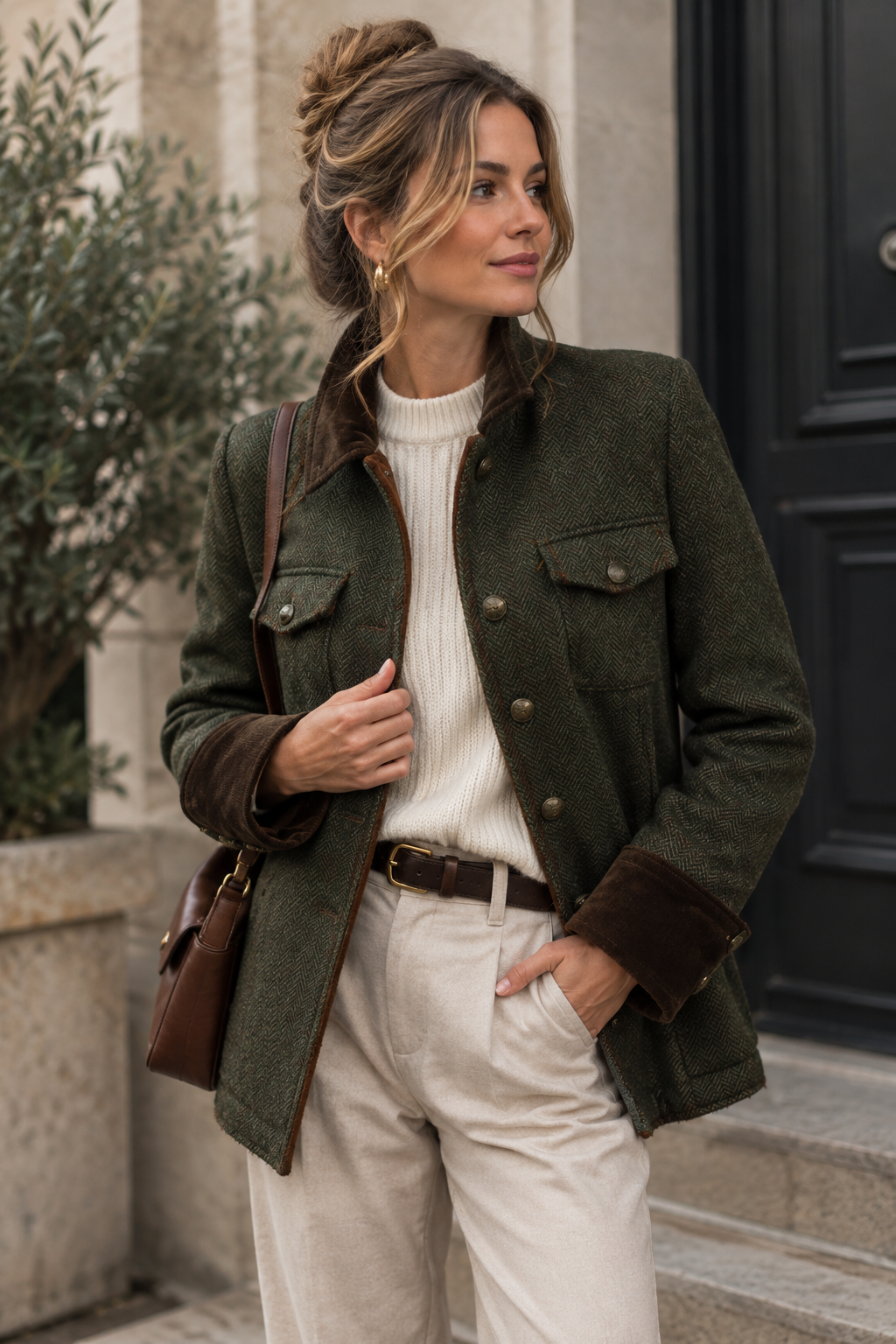 Herringbone Tweed Military Jacket with Gold Buttons