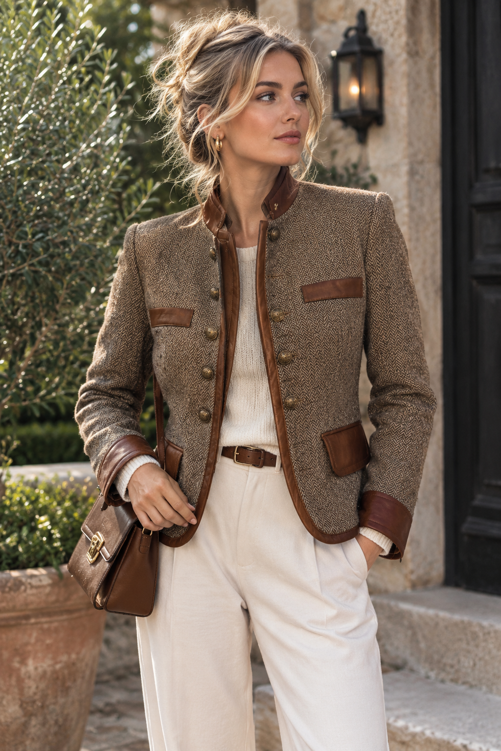 Herringbone Tweed Jacket with Leather Trim