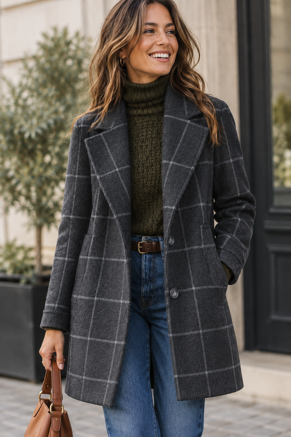 Woman wearing a grey wool blend check coat with notch lapel